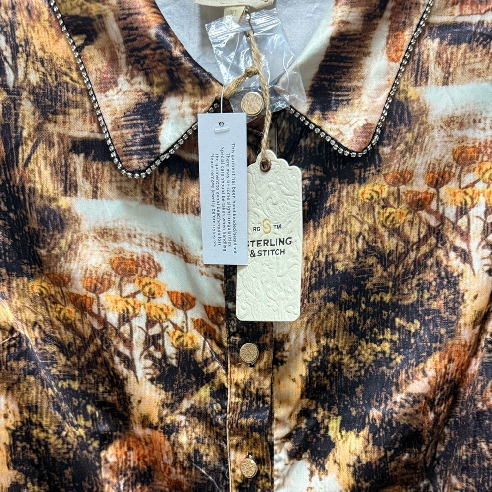 Sterling & Stitch NWT Vintage-Style Nature Print Blouse XL Brown Gold Button-Up - Picture 2 of 4